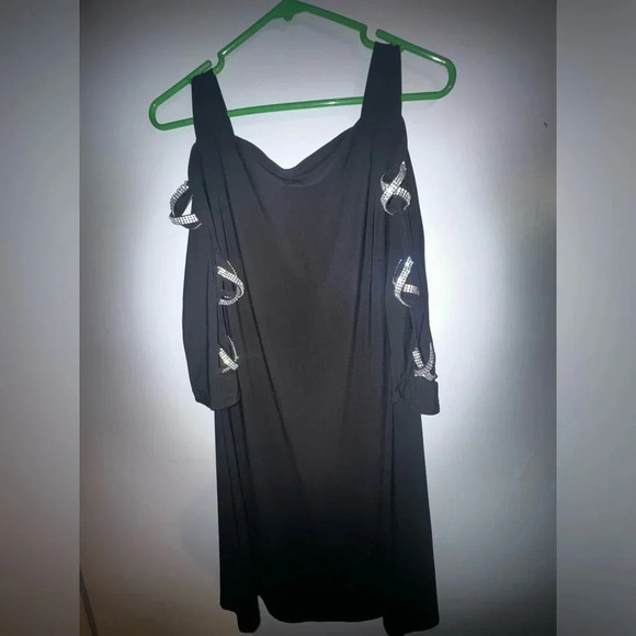 MSK Womens capelet Rhinestone Embellished open Sleeve Black‎ midi Dress Medium - Picture 1 of 6